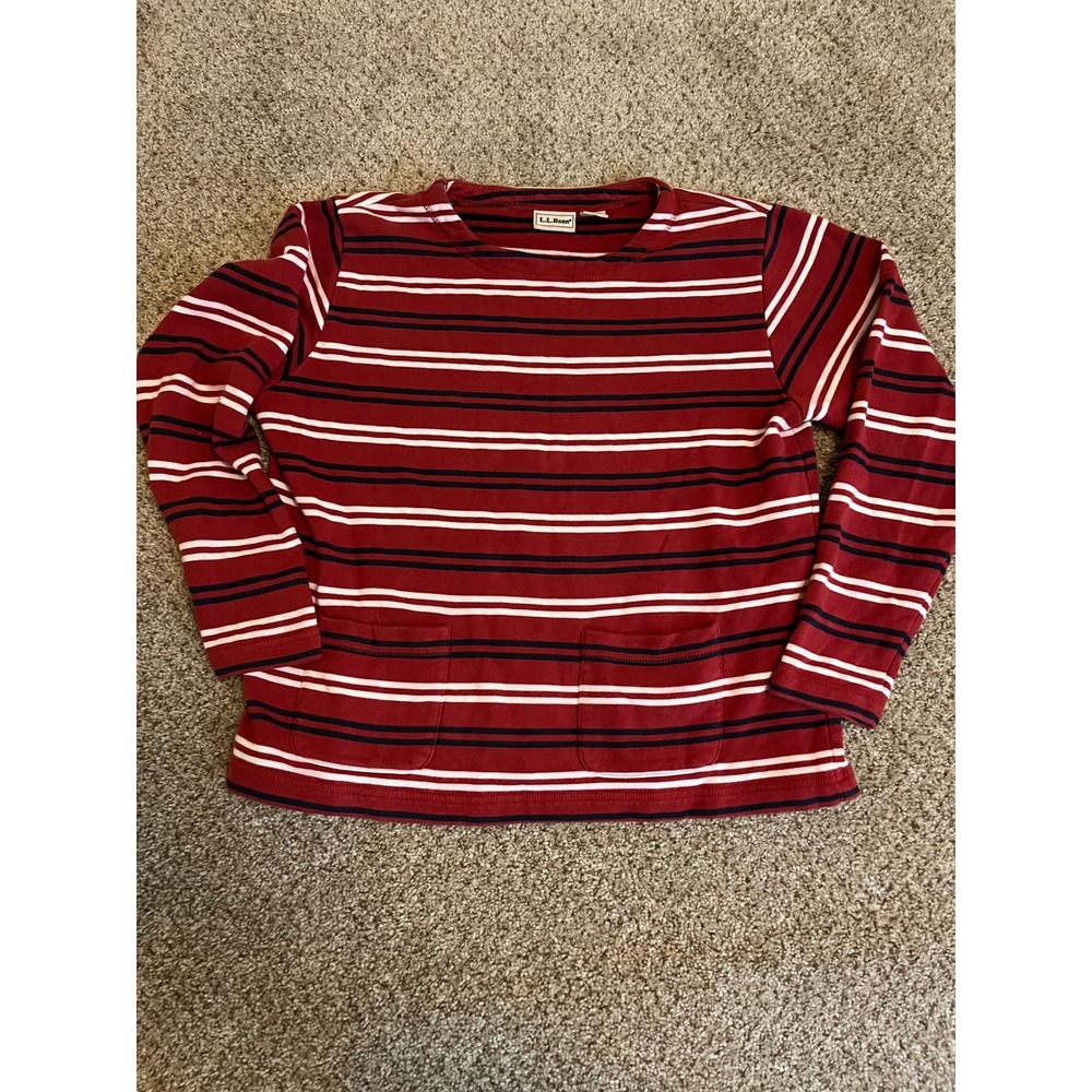 Vintage 90s LL Bean Women's Top Size M Red Striped Long Sleeve Pocket Crew Neck